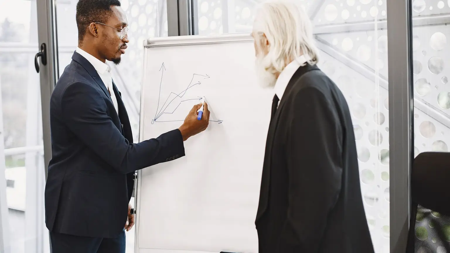 İki kişi bir toplantı odasında flipchart üzerine çizilmiş grafiği tartışıyor